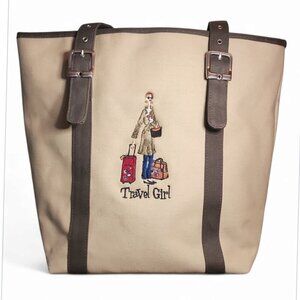 The Girls Travel Girl tote Bag tan canvas 2 greige straps preppy vacation bag